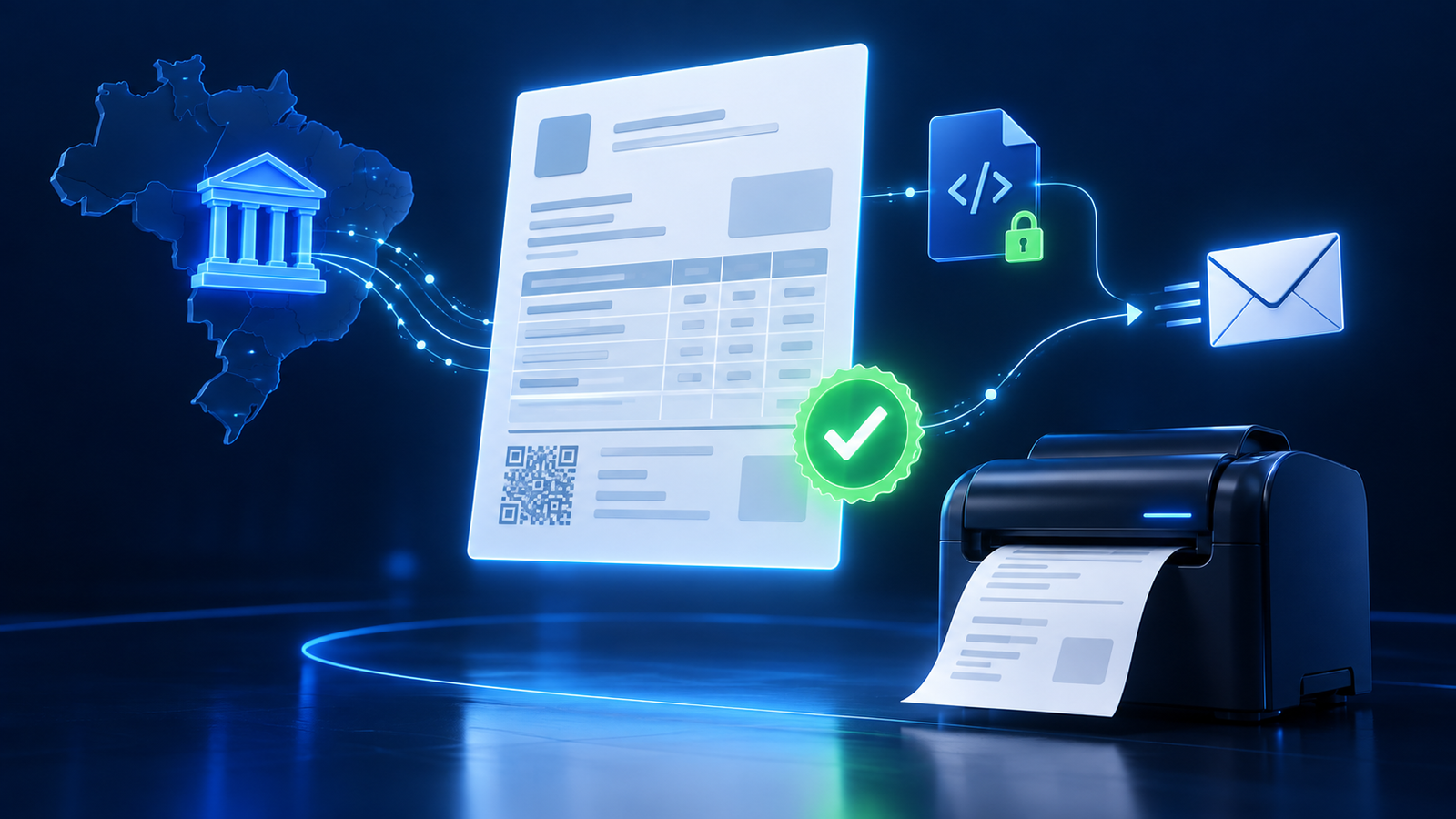 Emissão fiscal integrada com nota autorizada, XML seguro e envio por e-mail.